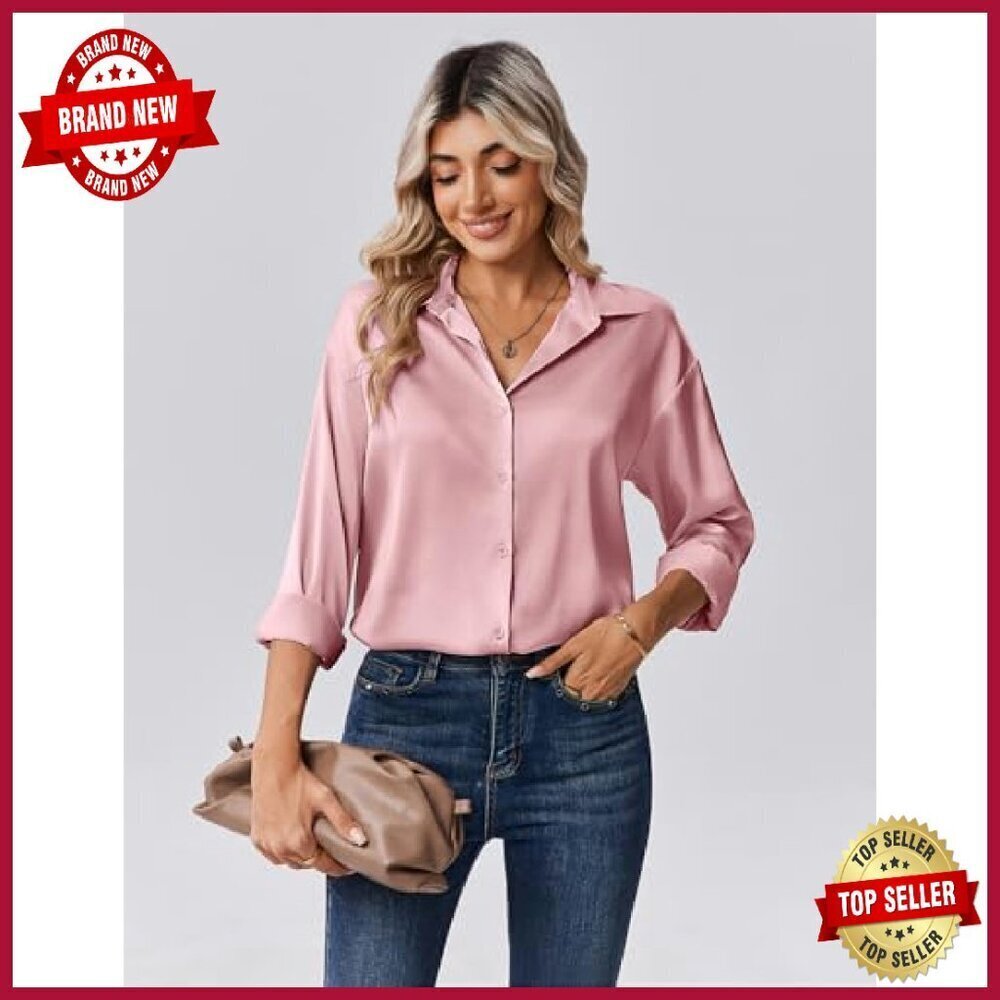 Long Sleeve Satin Button Down Blouse - Business Casual Fall Top - Picture 5 of 8